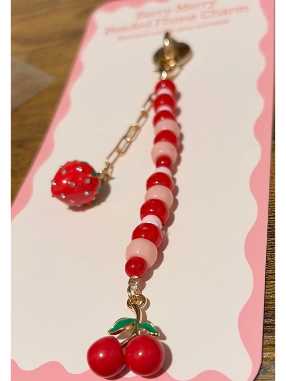 Anthropology - Cherry Beaded Phone Charm - Red & Pink